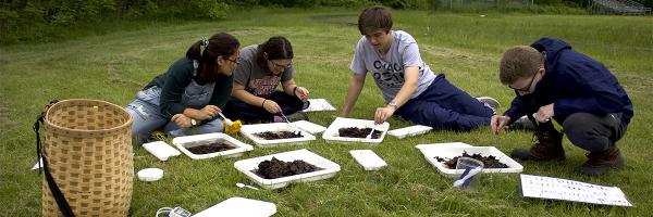 Students on lawn looking at water samples